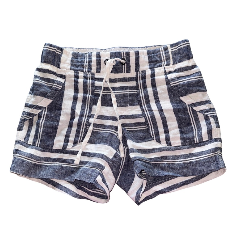 Athleta Linen Striped Shorts 0 Blue White Drawstring‎ Elastic Waist 596321-00